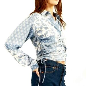 New $49 PROMESA Bandana Rama Blue Paisley Patchwork Ruched Button-Up Shirt L NWT